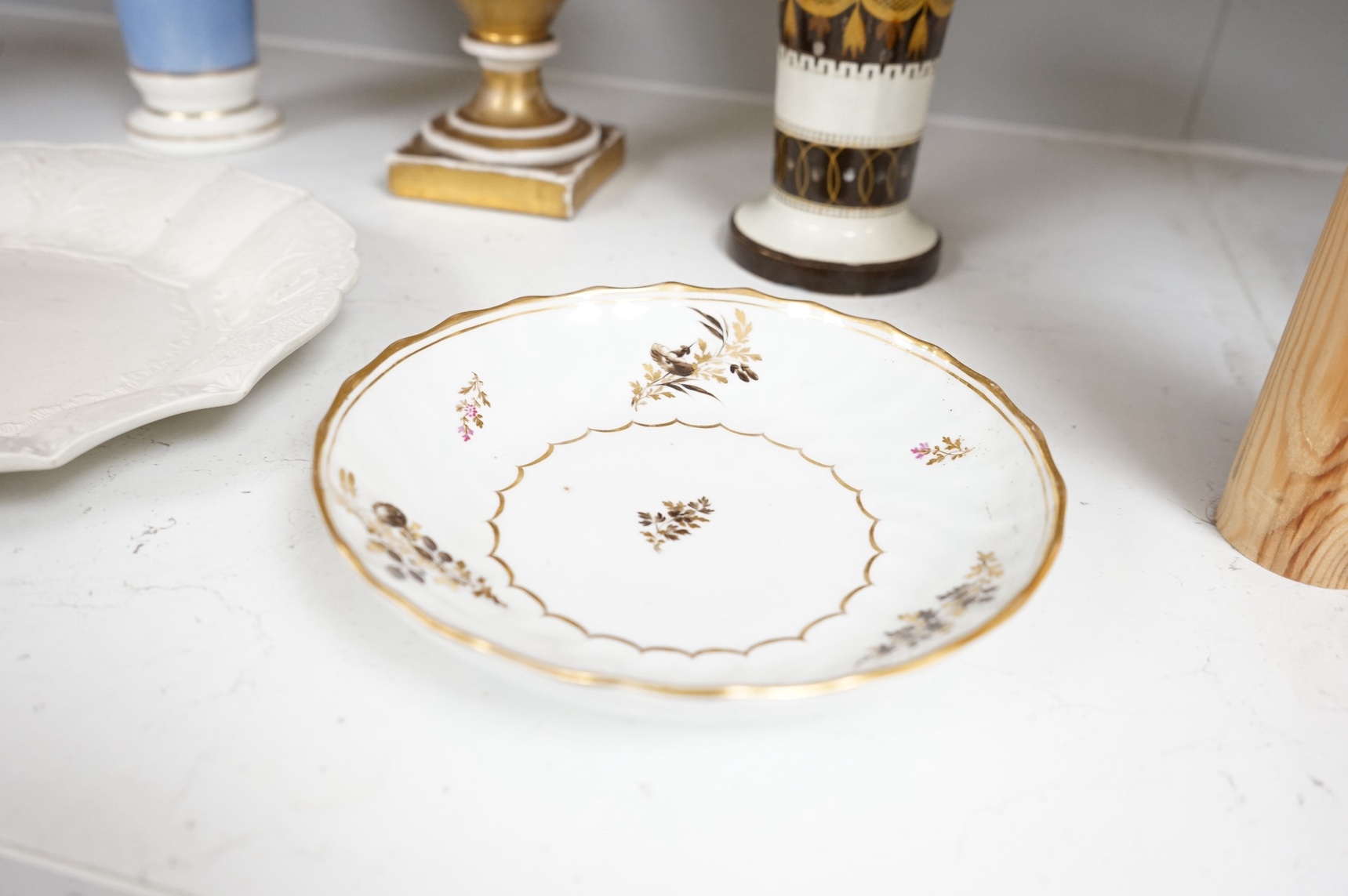 An 18th century salt glazed stoneware dish, another dish and three various vases, tallest 24.5cm. Condition - varies